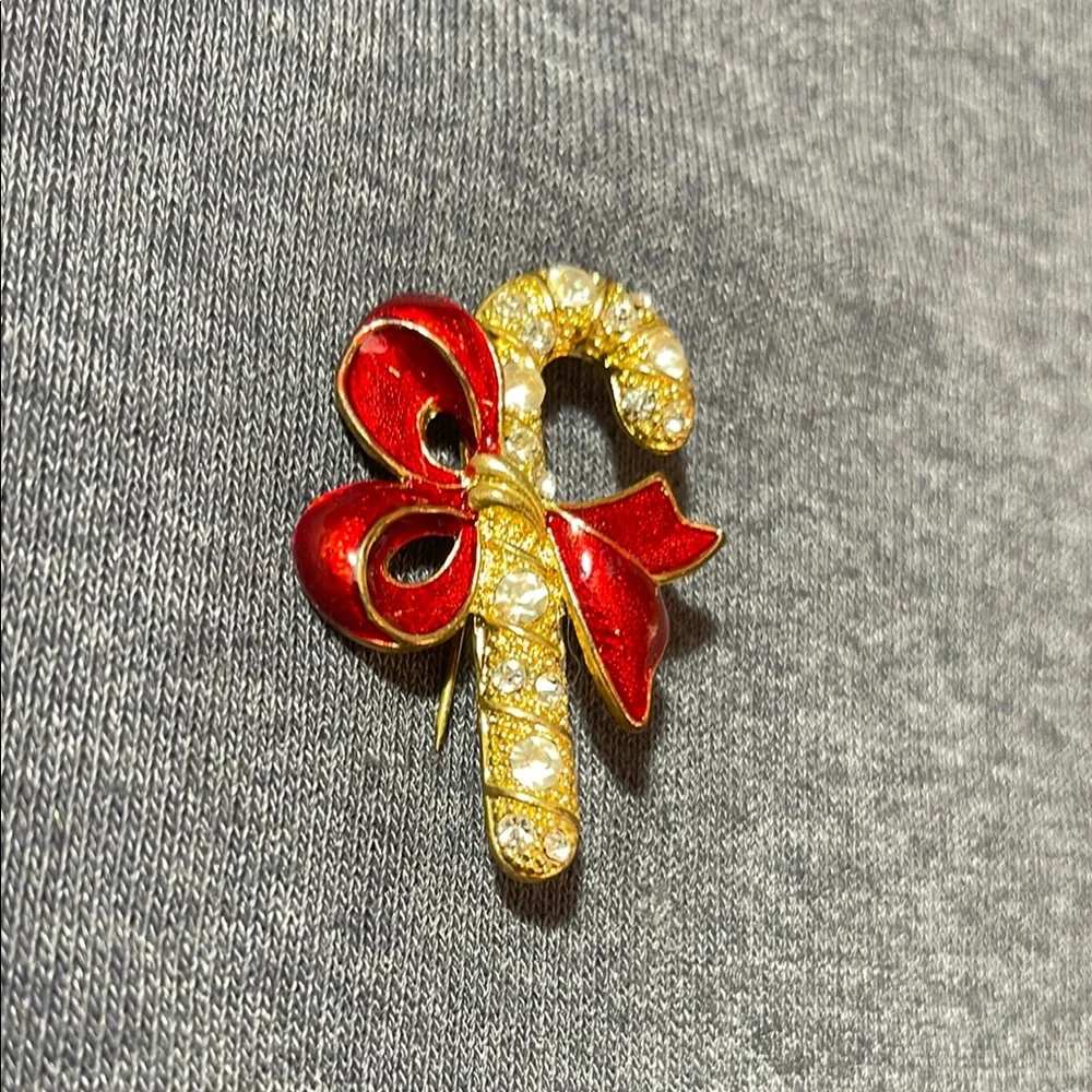 Vintage Gold tone Rhinestones & Red Enamel Candy Cane with Bow Brooch Pin